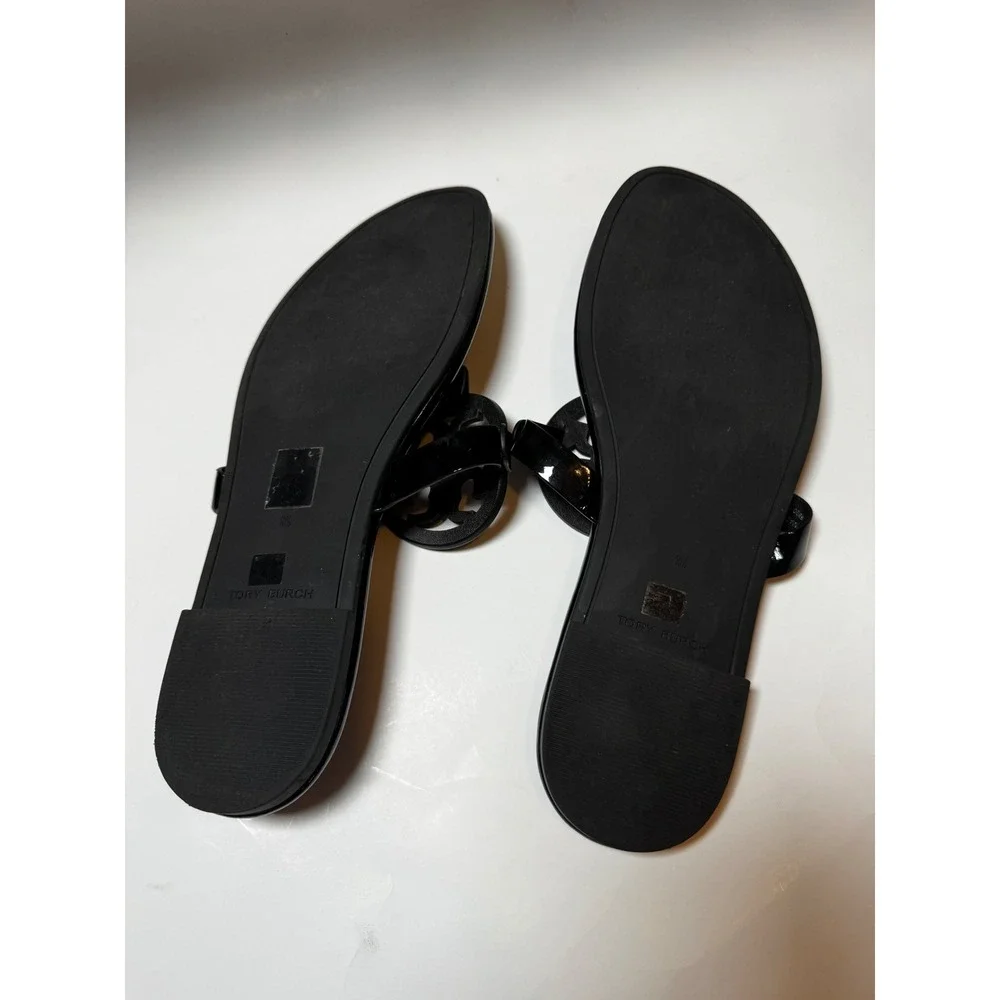 Tory Burch Miller Cloud Black Patent Leather Logo Thong Sandals 10.5
